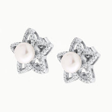 Load image into Gallery viewer, Open Star Earrings with Freshwater Pearl | White Gold Plated Sterling Silver