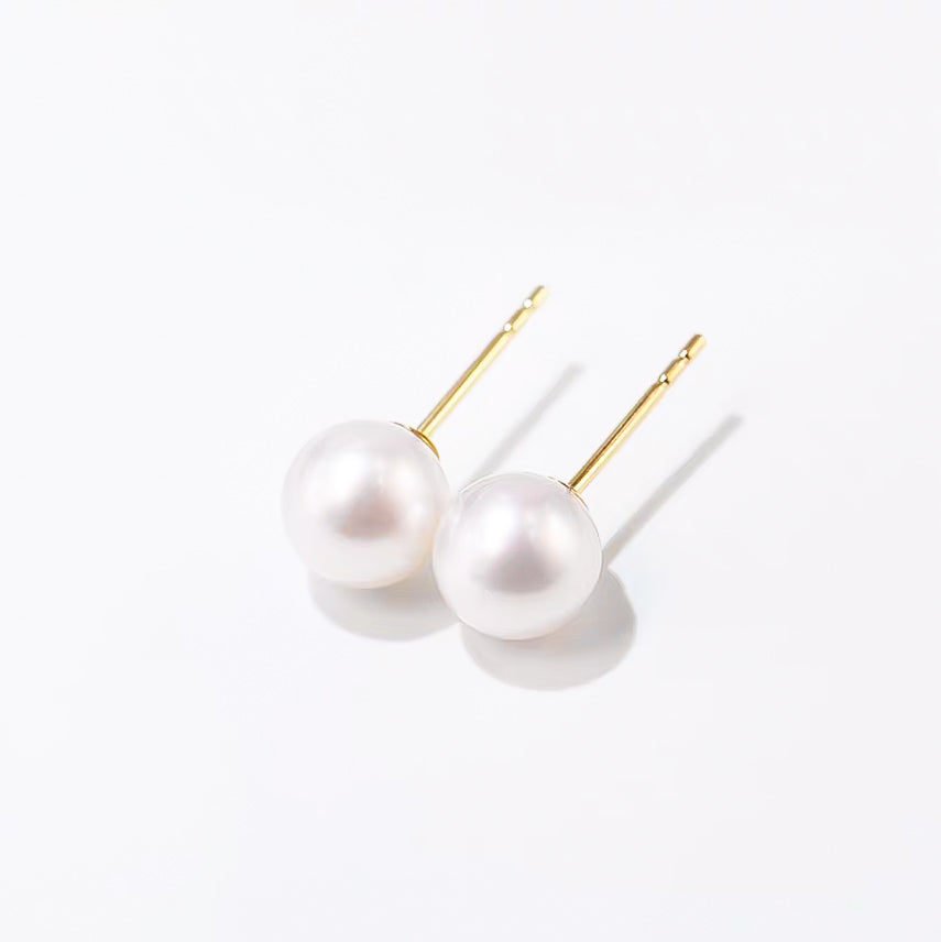 14k Solid Gold Akoya Pearl Stud Earrings | 8 mm