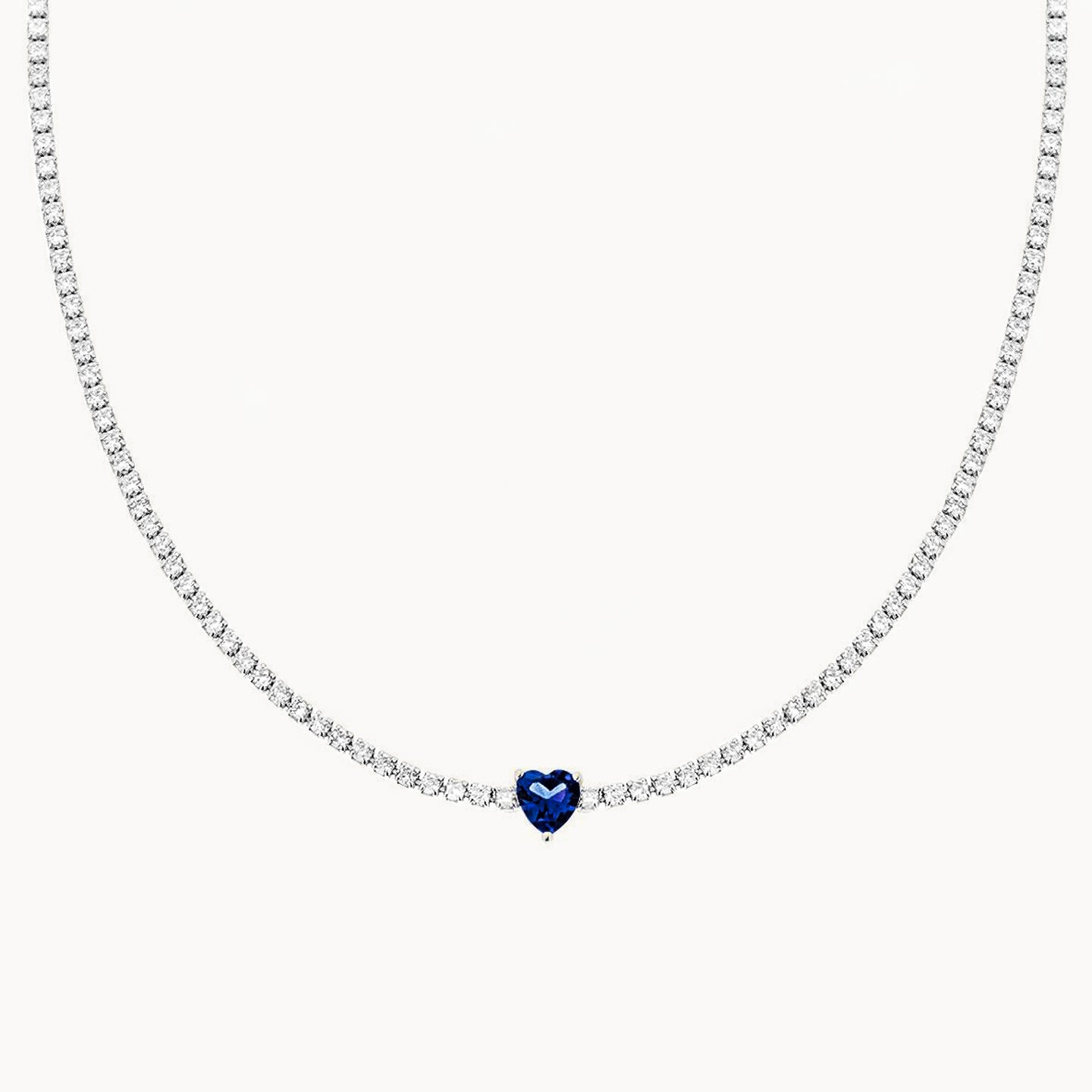 Sapphire Heart Tennis Necklace | Rhodium Plated 925 Sterling Silver