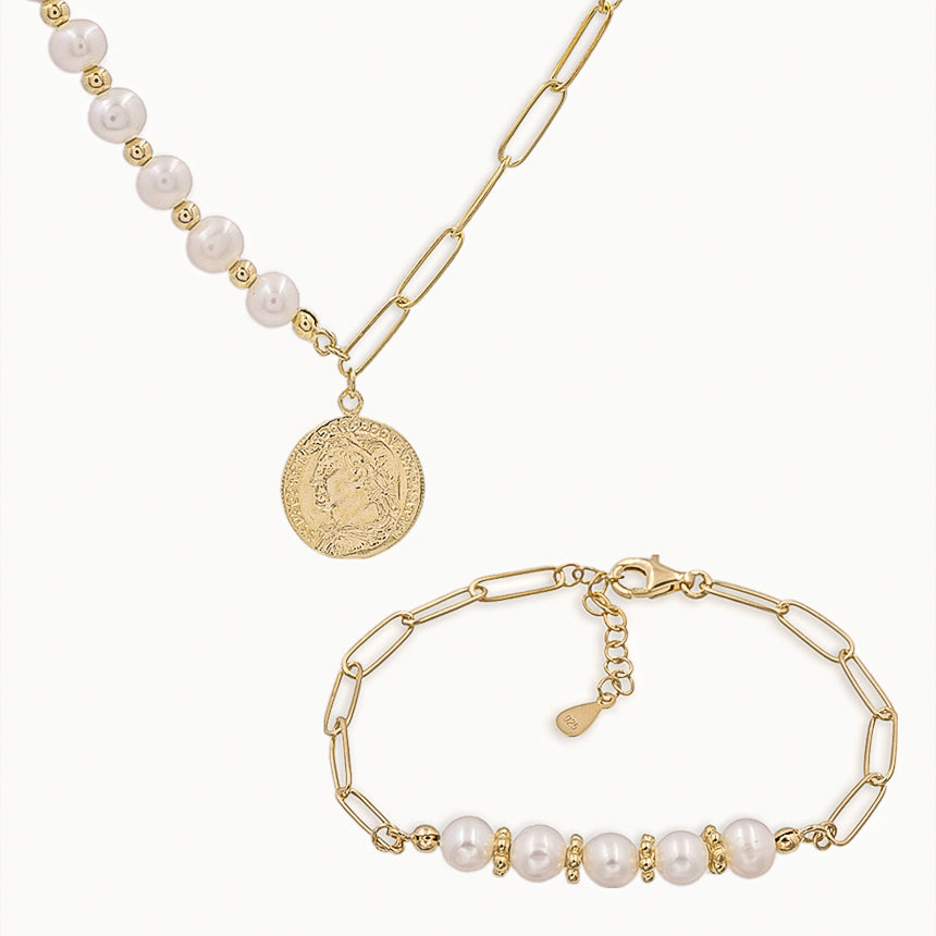 18k Gold Vermeil Freshwater Pearl Chain Necklace and Bracelet Set