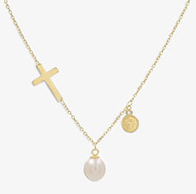 Load image into Gallery viewer, 18k Gold Vermeil Pearl Necklace with Coin and Cross
