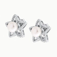 Load image into Gallery viewer, Open Star Earrings with Freshwater Pearl | White Gold Plated Sterling Silver
