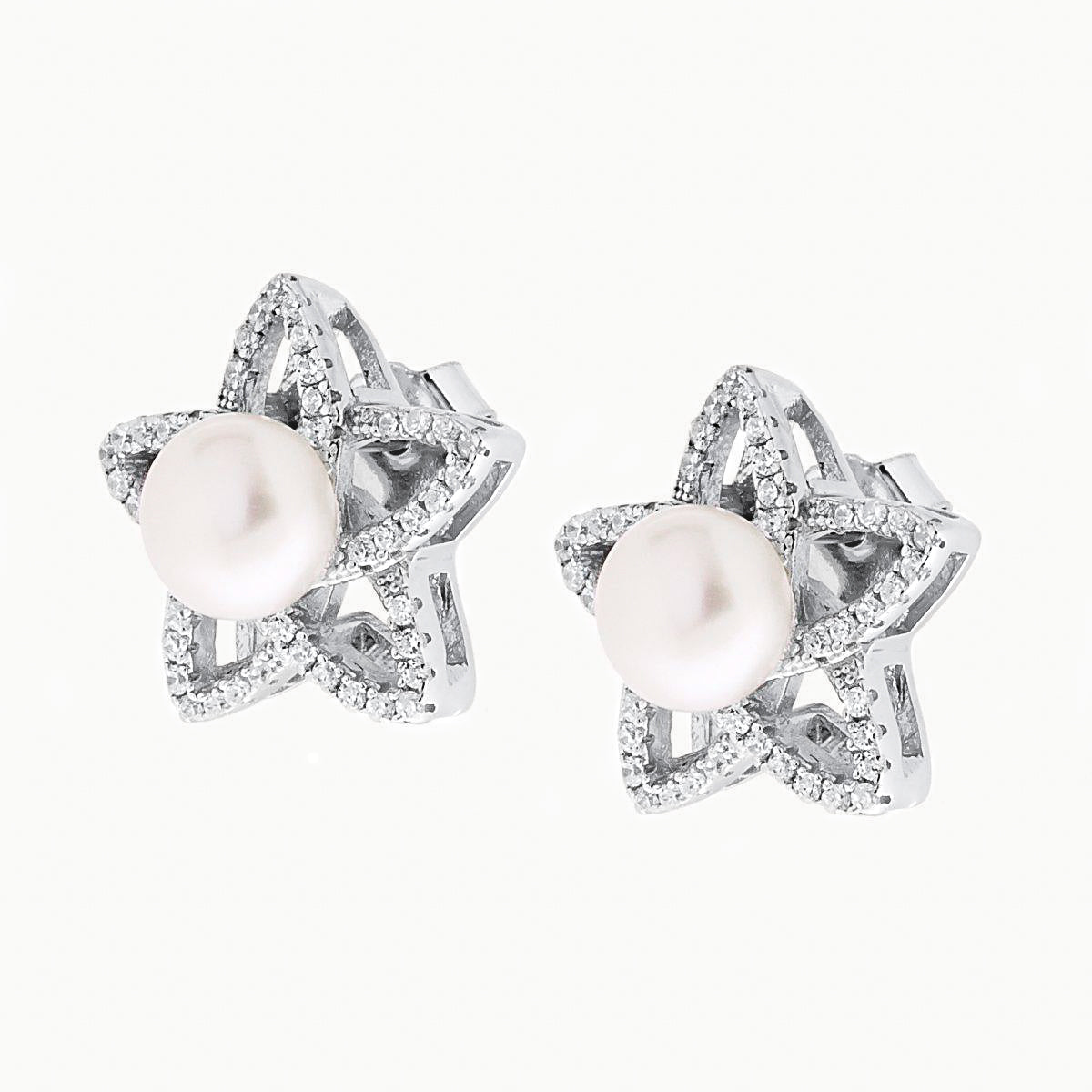 Open Star Earrings with Freshwater Pearl | White Gold Plated Sterling Silver