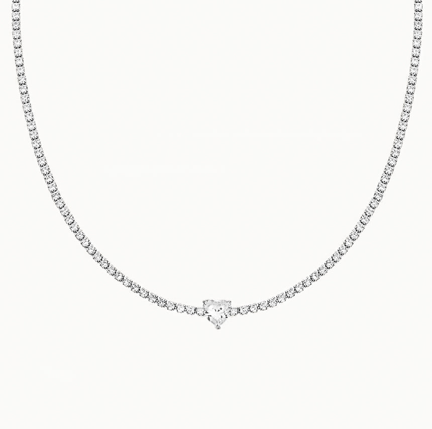 Tennis Necklace with Heart | Rhodium Plated Sterling Silver
